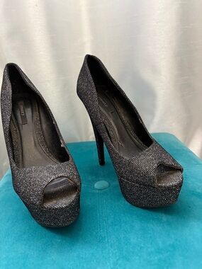 Forever 21 Black Glitter Peep-Toe Platform Heels